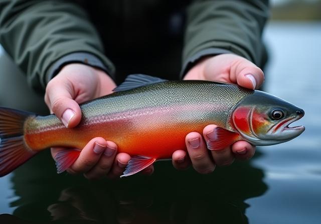 A person holds up an Arctic char before releasing it back into the water.